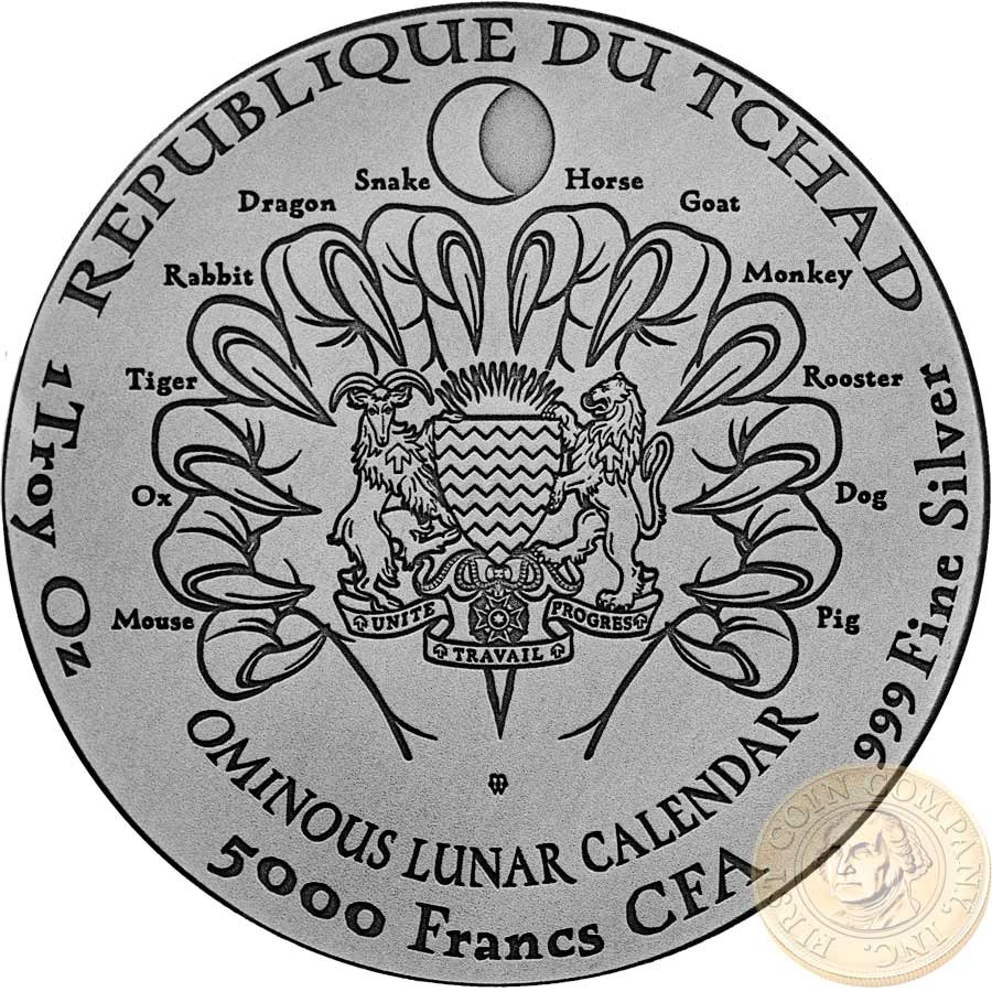 Republic of Chad YEAR OF THE DOG - Hound of Baskervilles - Sherlock Holmes Series OMINOUS LUNAR CALENDAR Silver coin 5000 Francs Antique finish 2018 Ultra high relief 1 oz
